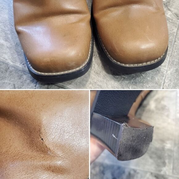 Vintage 90s y2k Bratz Camel Tan Faux Vegan Leather Chunky Heel Square Toe Boots - Picture 8 of 9